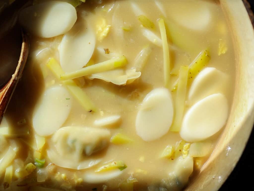 A close-up of a bowl of soup featuring sliced rice cakes, pieces of potato, and green onions, all immersed in a light, creamy broth. A wooden spoon is partially visible on the left side of the image.